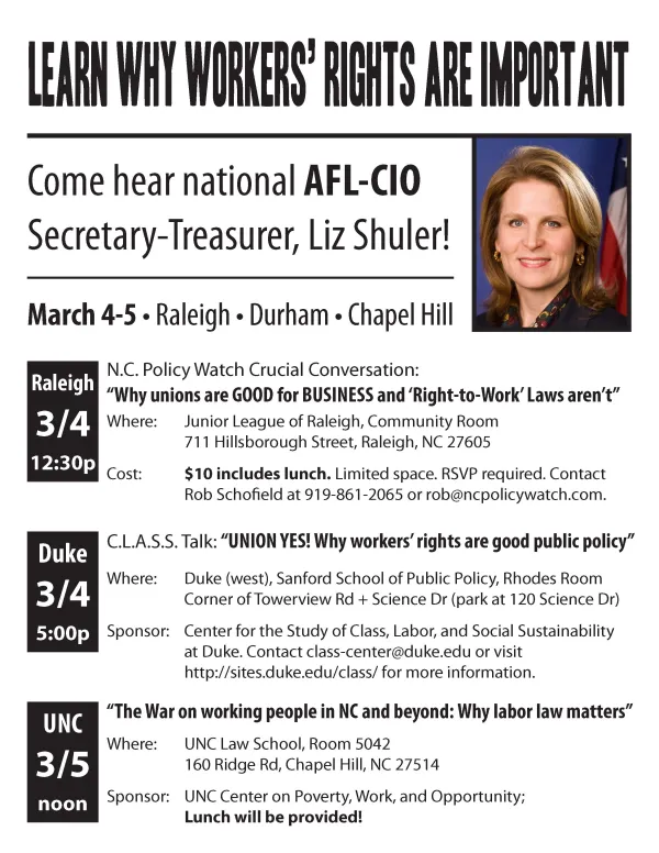Click to download the flyer for Liz Shuler's visit to NC.