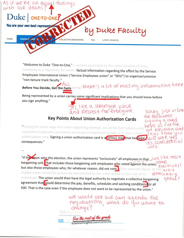 Duke's union-busting website corrected by Duke Faculty (PDF)