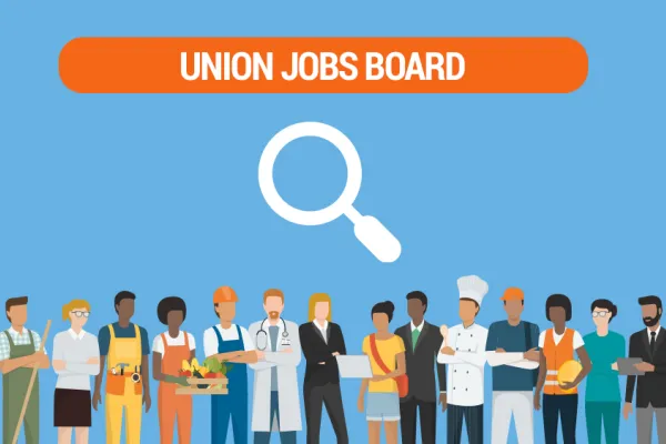 graphic with a blue field and the text "union jobs board" above a magnifying glass and an illustration of people in various occupations