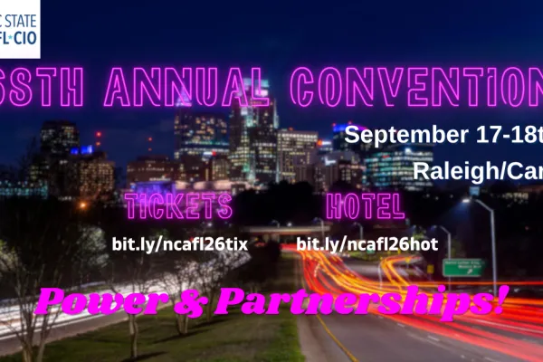 graphic promoting 69th annual convention September 17-18th, 2026, in Raleigh/Cary with links to get tickets, hotel rooms, and more info