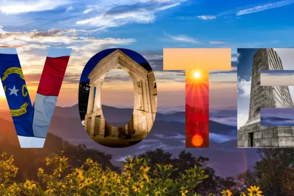 featured image landscape photo a sunset over the north carolina mountains with the letters V O T E each letter containing a different image associated with the state