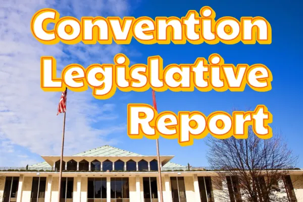 text reads convention legislative report in sky above photo of NC legislative building