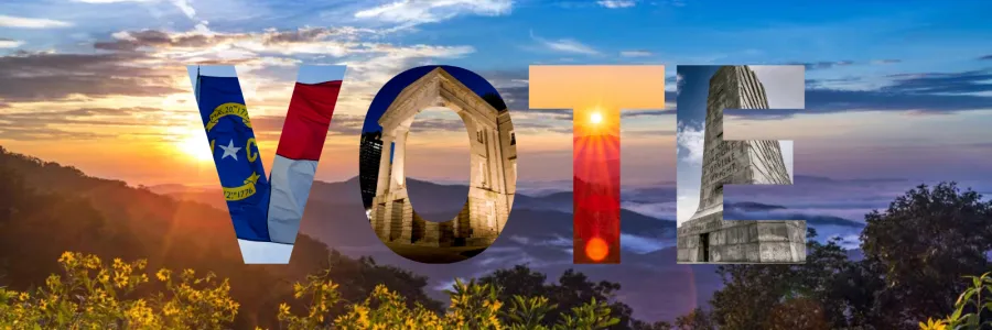 featured image landscape photo a sunset over the north carolina mountains with the letters V O T E each letter containing a different image associated with the state