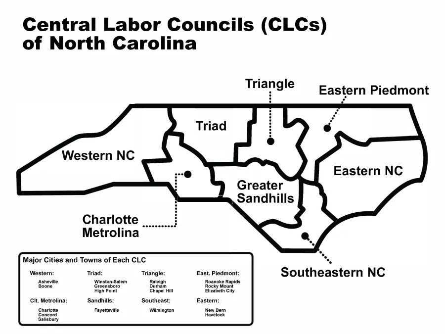 map showing the names, boundaries, and major cities of central labor councils in north carolina
