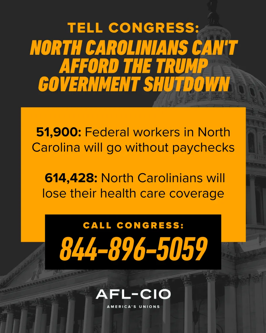 graphic with stats about effect of shutdown on north carolina and a number to call congress at 844-896-5059