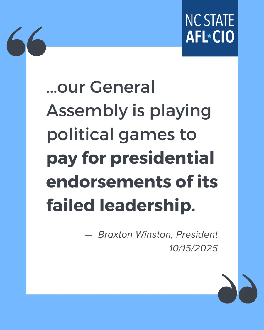 quote graphic that reads "our General Assembly is playing political games to pay for presidential endorsements of its failed leadership."