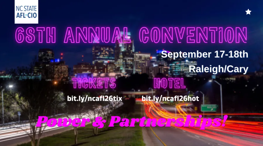 graphic promoting 69th annual convention September 17-18th, 2026, in Raleigh/Cary with links to get tickets, hotel rooms, and more info