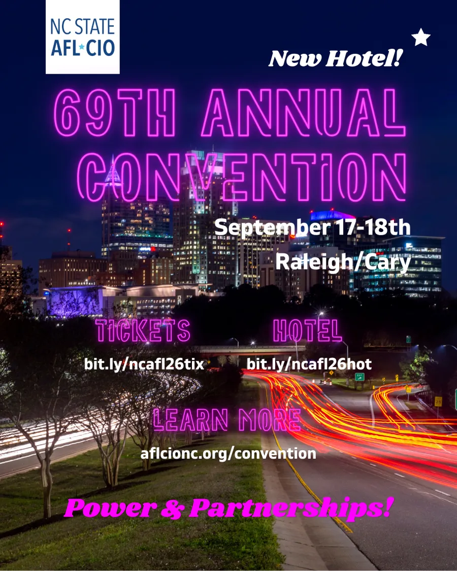 graphic promoting 69th annual convention September 17-18th, 2026, in Raleigh/Cary with links to get tickets, hotel rooms, and more info