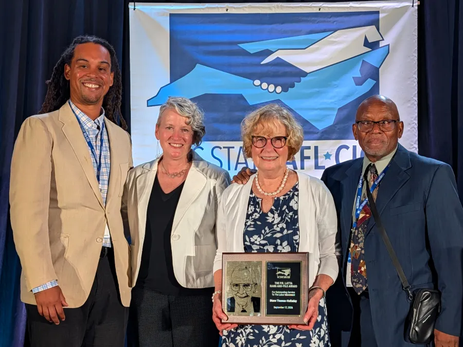 photo of PR Latta Award recipient Diane Thomas-Holladay with all three living NC AFL-CIO presidents