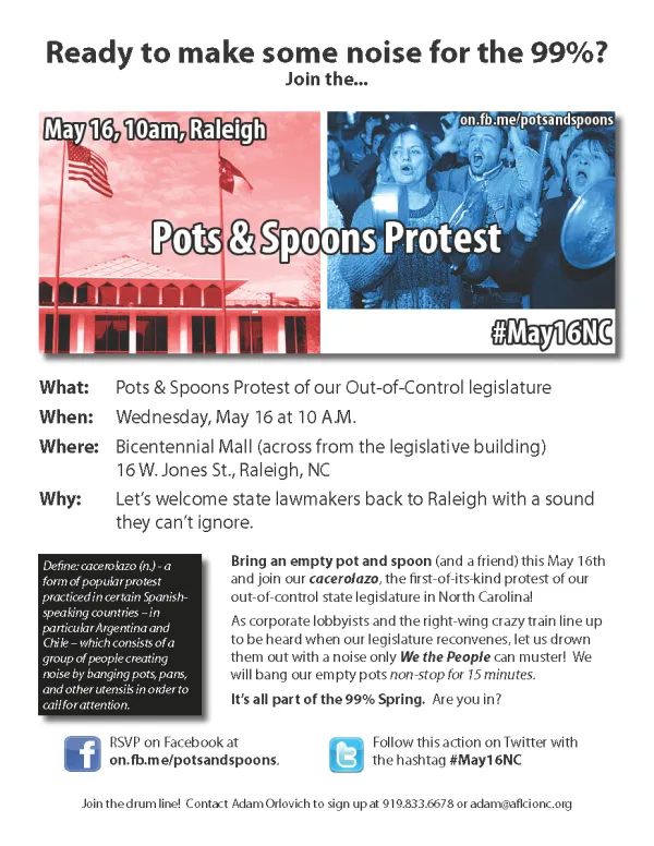 Flyer for Pots & Spoons Protest May 16, 2012