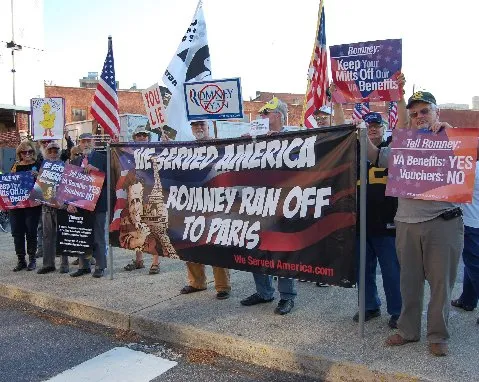 Union vets and others protest Mitt Romney's stop in Asheville Oct 12 2012