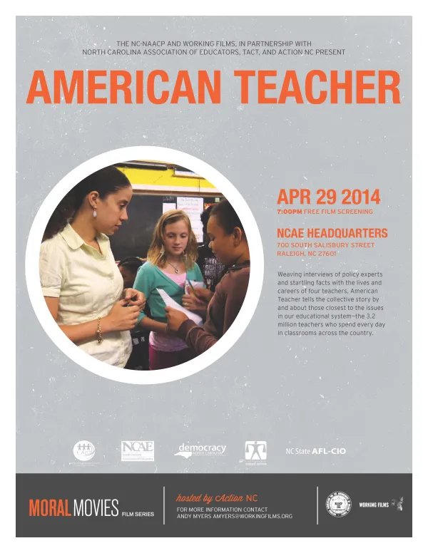 Moral Movies poster for American Teacher in Raleigh.