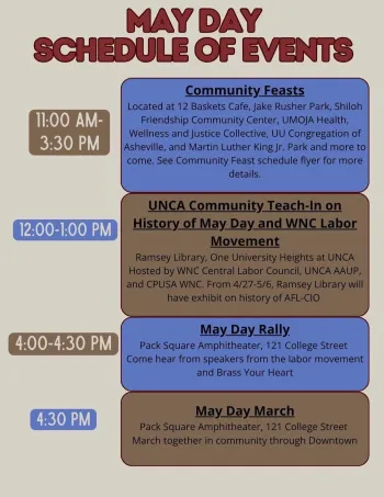 graphic promoting May Day 2026 in Asheville schedule of events